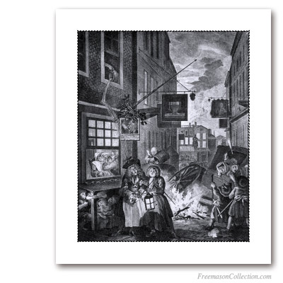 Night. William Hogarth. XVIIIth Century.  Fantastic engraving so funny for the Masons. . Masonic Art