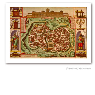 De Tempel Solomons. Artist unknown. A richly illustrated map . Masonic Art